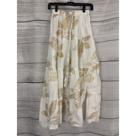 Debbie Katz South Beach White & Gold Leaf Print Maxi Skirt Size M
