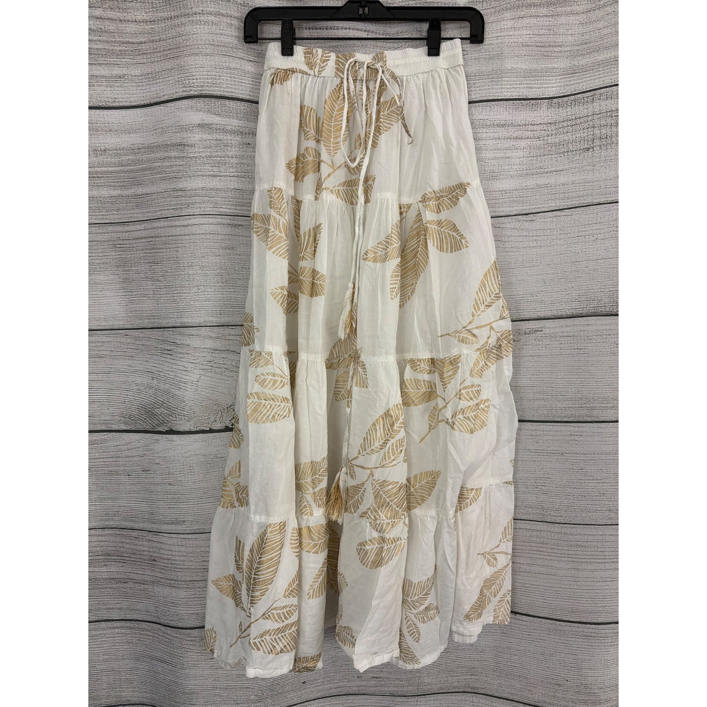 Debbie Katz South Beach White & Gold Leaf Print Maxi Skirt Size M