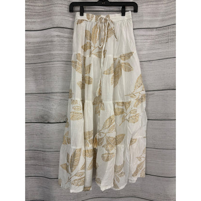 Debbie Katz South Beach White & Gold Leaf Print Maxi Skirt Size M