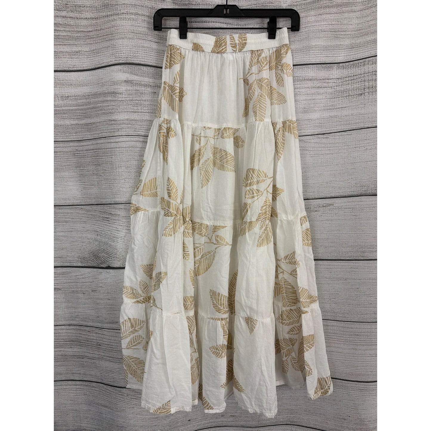 Debbie Katz South Beach White & Gold Leaf Print Maxi Skirt Size M