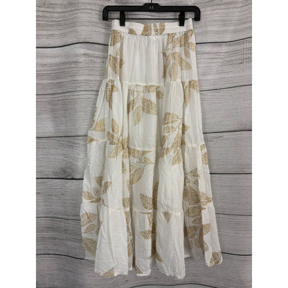 Debbie Katz South Beach White & Gold Leaf Print Maxi Skirt Size M