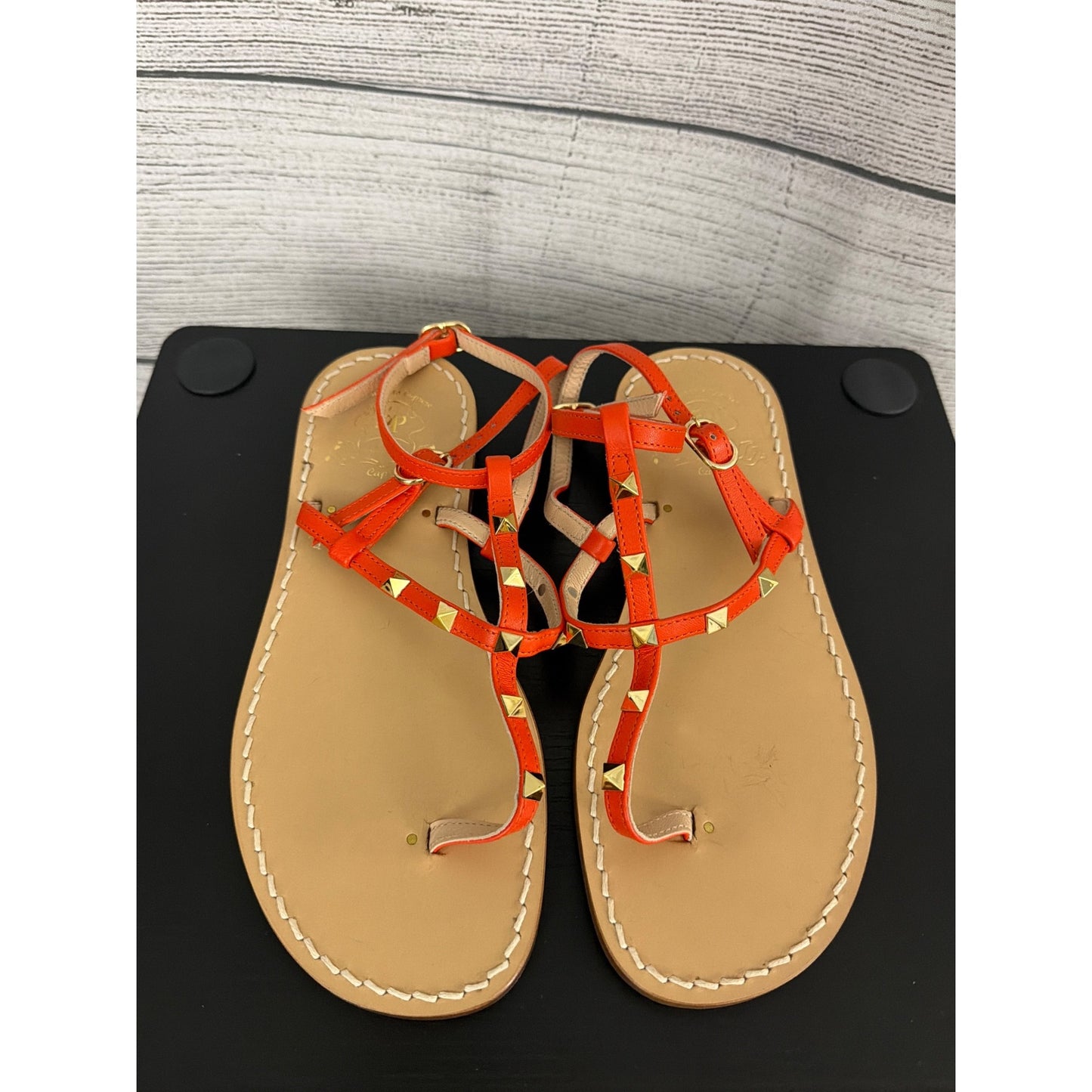 Il Sandalo Caprese Le Salentine Vacchetta Orange Leather Studded Flat Sandals Size 37