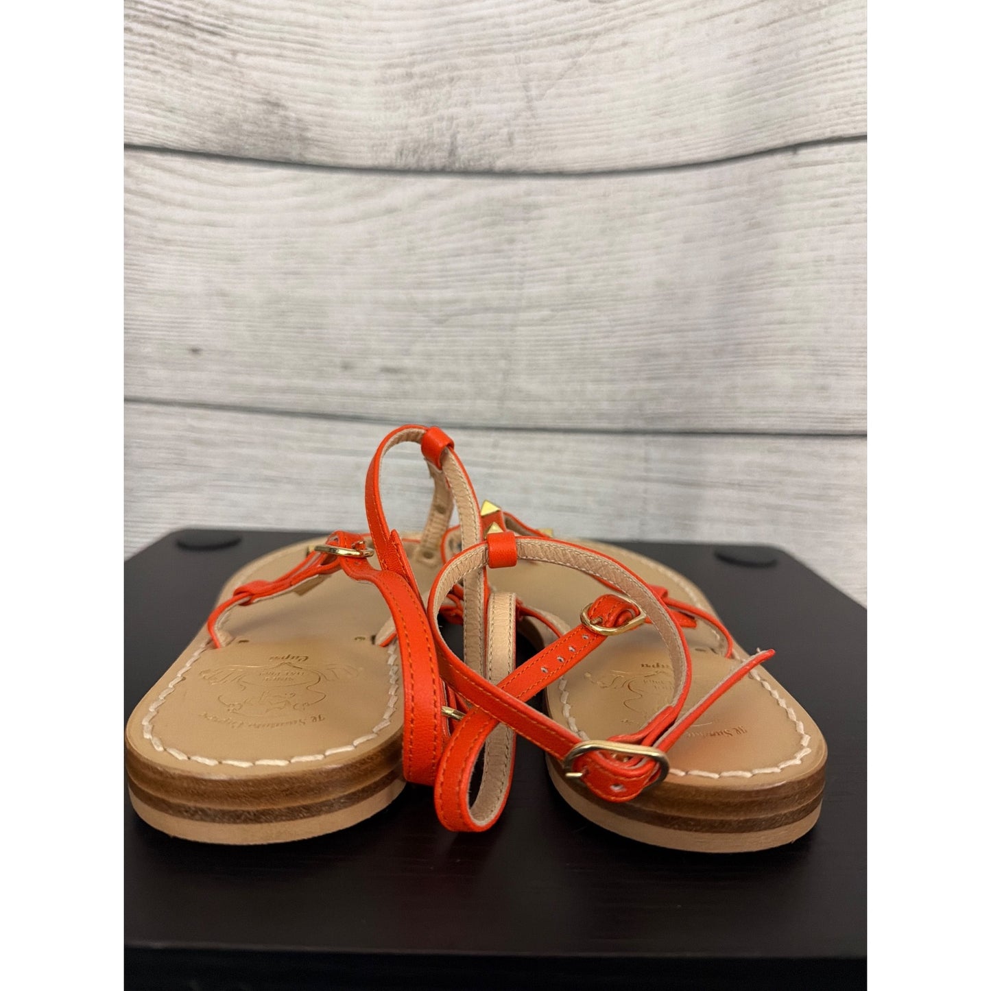 Il Sandalo Caprese Le Salentine Vacchetta Orange Leather Studded Flat Sandals Size 37