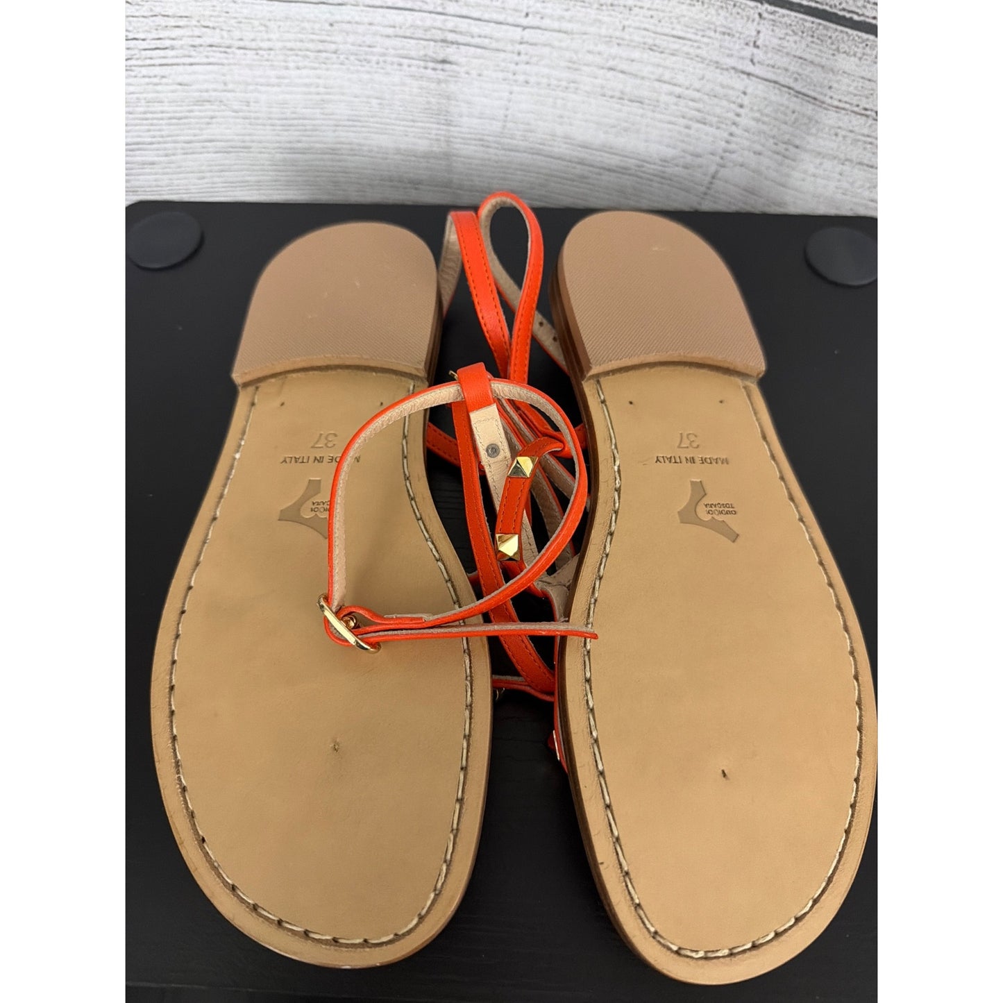 Il Sandalo Caprese Le Salentine Vacchetta Orange Leather Studded Flat Sandals Size 37
