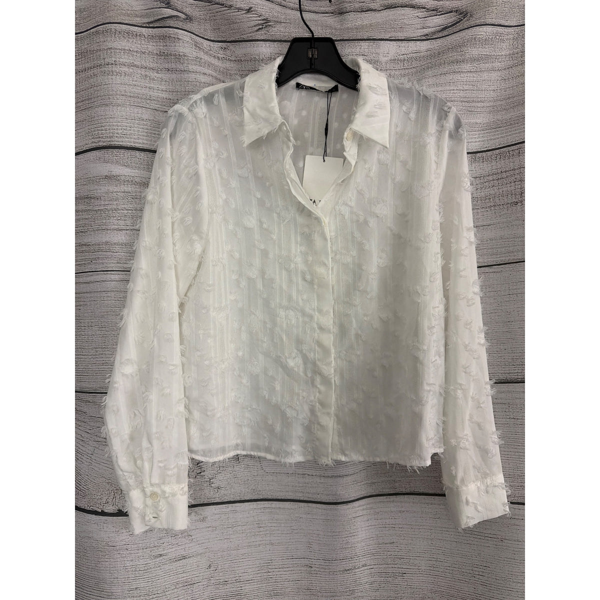 NWT Zara White Sheer Fringe Textured Button-Up Shirt Size S