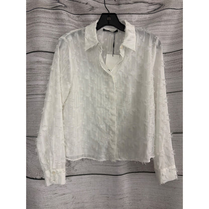 NWT Zara White Sheer Fringe Textured Button-Up Shirt Size S