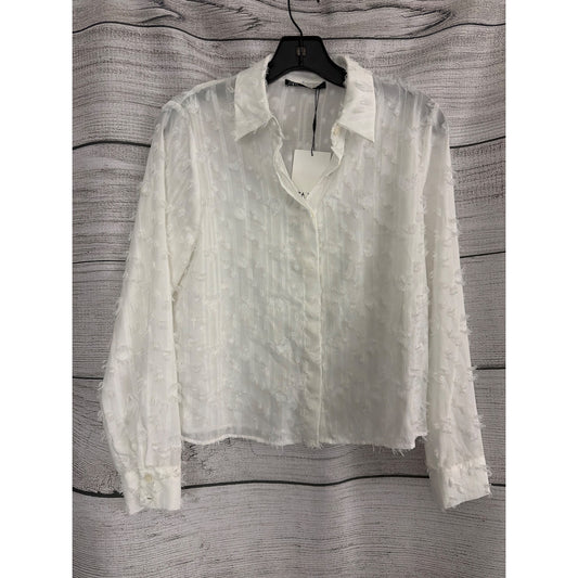 NWT Zara White Sheer Fringe Textured Button-Up Shirt Size S