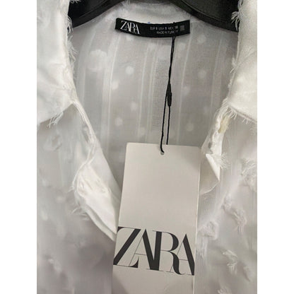 NWT Zara White Sheer Fringe Textured Button-Up Shirt Size S
