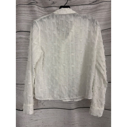 NWT Zara White Sheer Fringe Textured Button-Up Shirt Size S