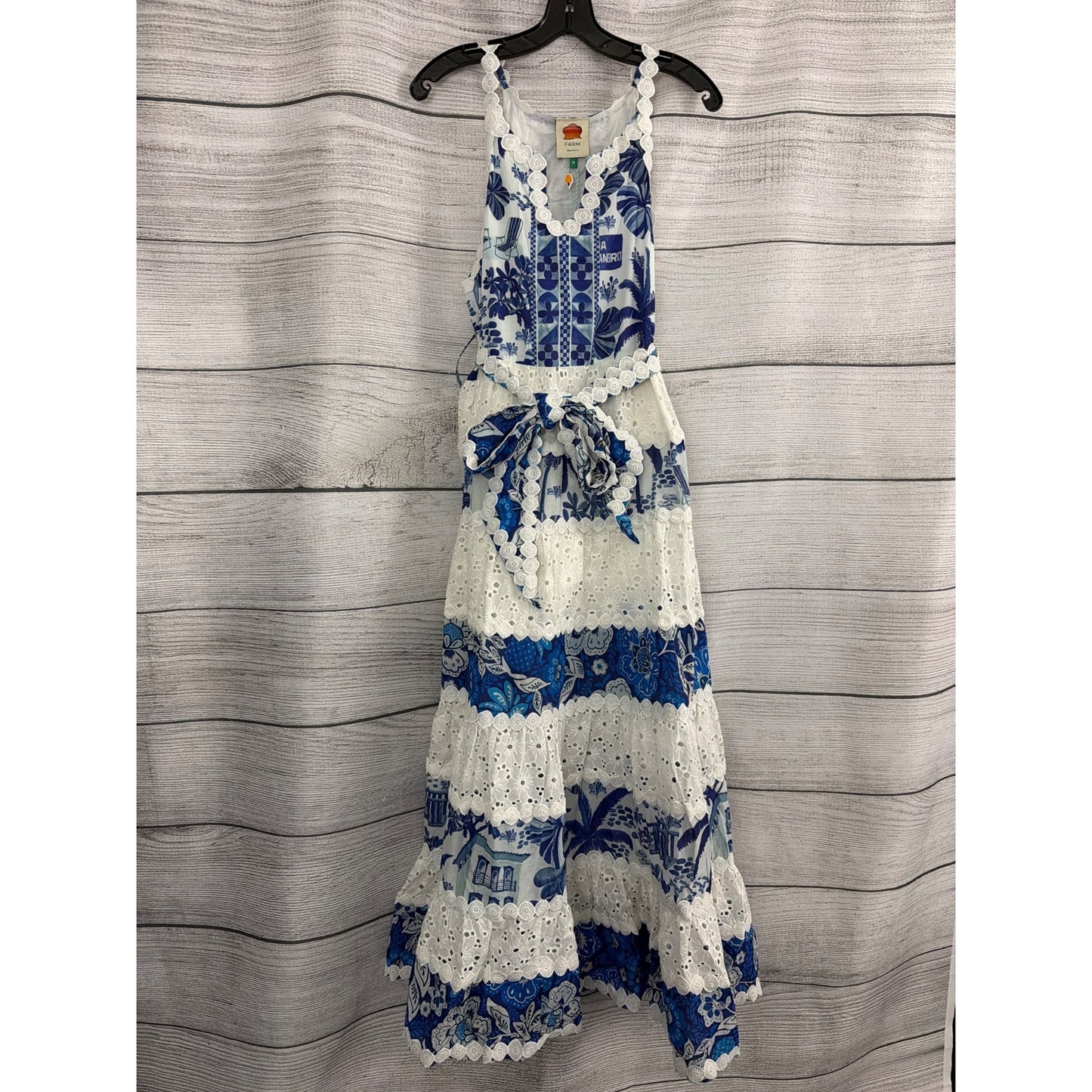 NWT Farm Rio White & Blue Maxi Dress With Eyelet Lace Size M