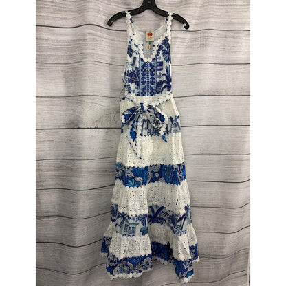 NWT Farm Rio White & Blue Maxi Dress With Eyelet Lace Size M