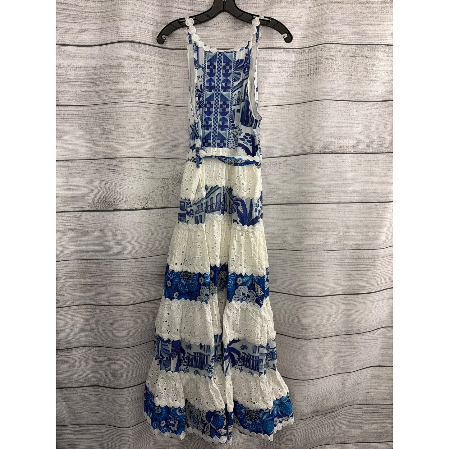 NWT Farm Rio White & Blue Maxi Dress With Eyelet Lace Size M