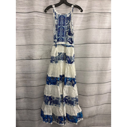 NWT Farm Rio White & Blue Maxi Dress With Eyelet Lace Size M