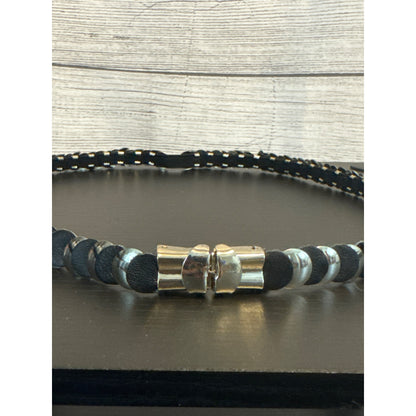 Vintage Silver & Black Leather Belt With Metal Discs & Clasp