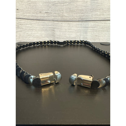 Vintage Silver & Black Leather Belt With Metal Discs & Clasp