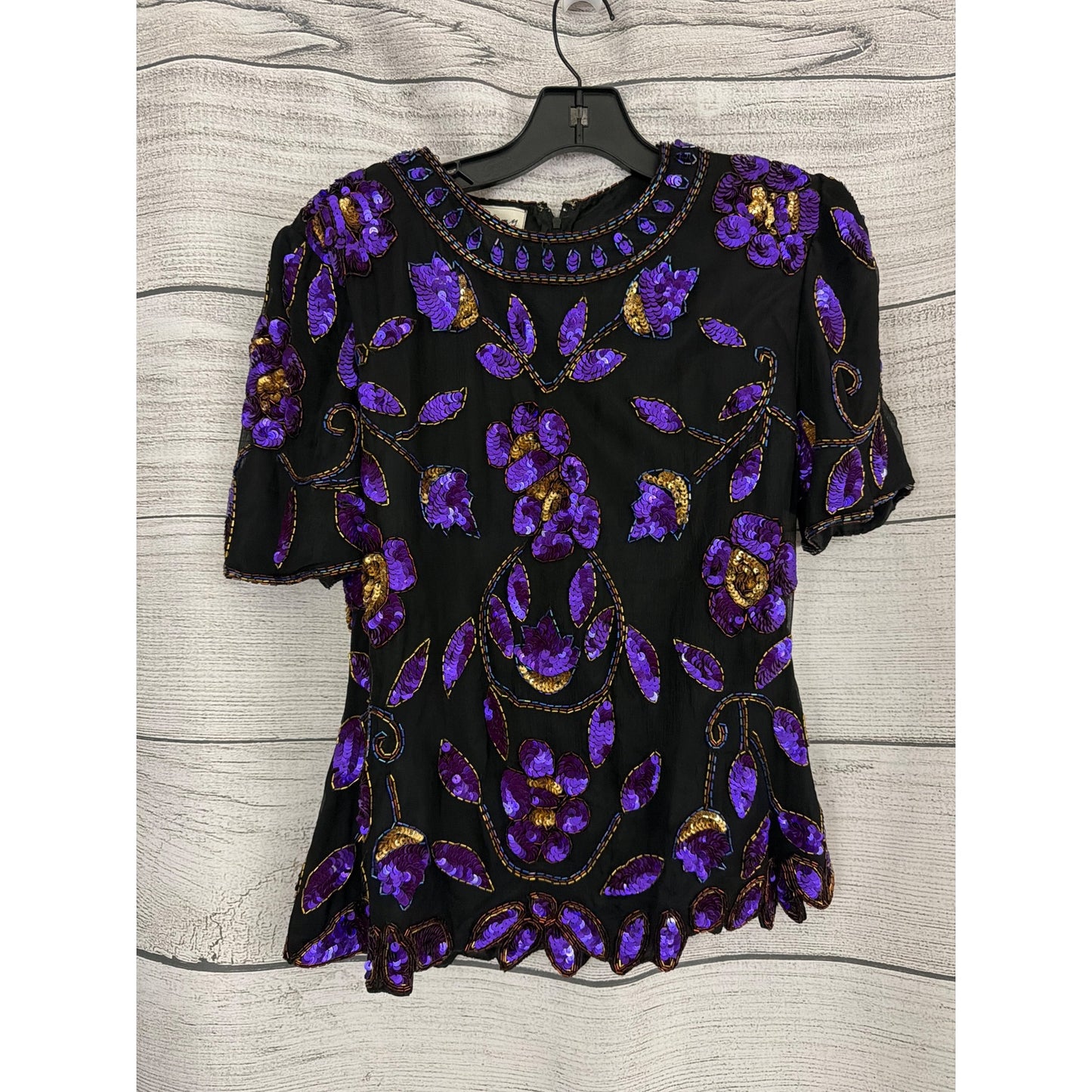 Stenay Purple Sequin Beaded Short Sleeve Blouse Top Size M