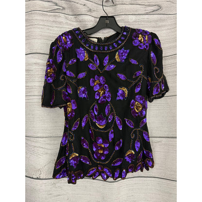 Stenay Purple Sequin Beaded Short Sleeve Blouse Top Size M