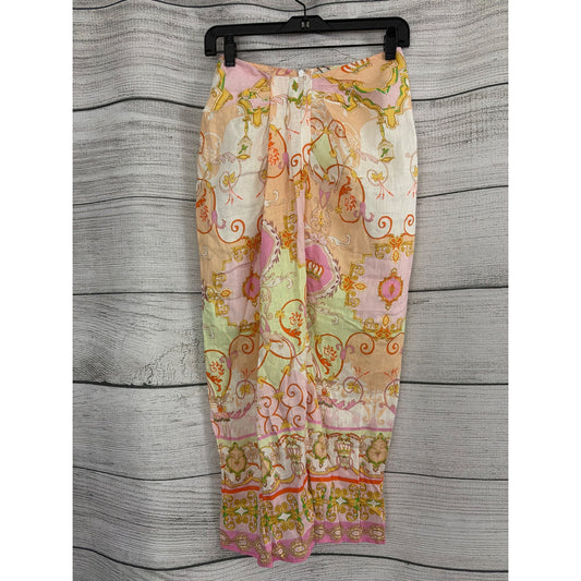NWT Hale Bob Sophrona Pastel Paisley Print Drape Front Linen Skirt Size S