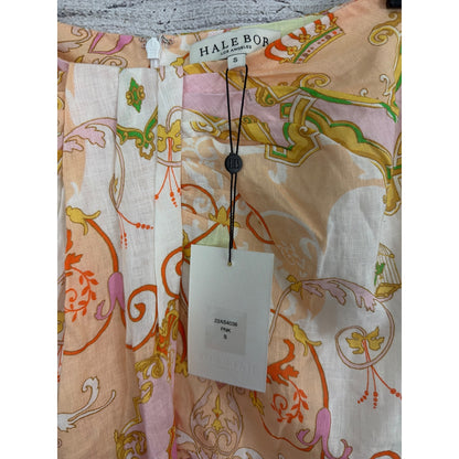 NWT Hale Bob Sophrona Pastel Paisley Print Drape Front Linen Skirt Size S
