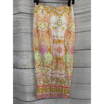NWT Hale Bob Sophrona Pastel Paisley Print Drape Front Linen Skirt Size S